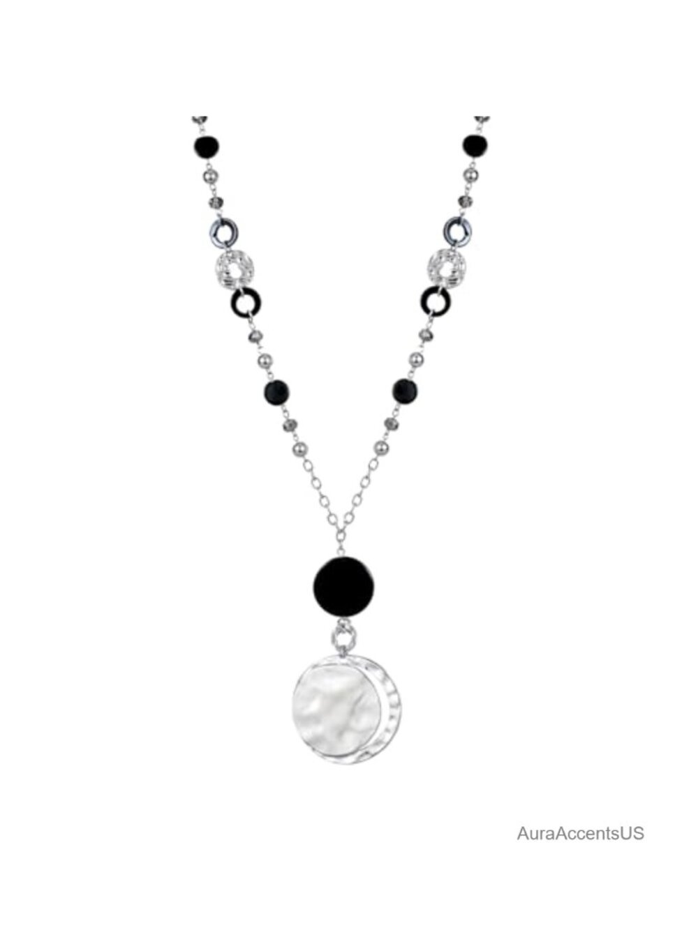 Long Pendant Necklace with Sea Shell & Hammered Disc, Y-Chain, Boho Statement